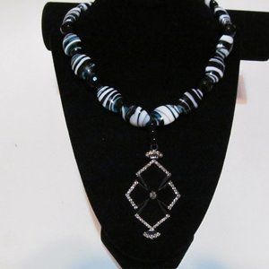 Glass beaded necklace assorted colors rhinestone and black pendant